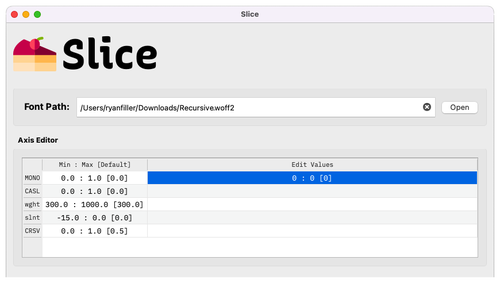 slice app removing the mono axis from the Recursive font