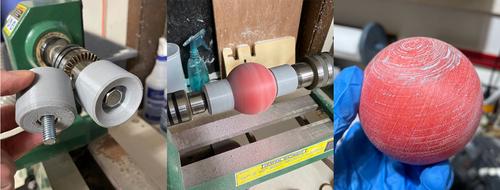 images showing a lathe jig, a ball spinning on the lathe held by the jig, and then a ball with smoothed layer lines