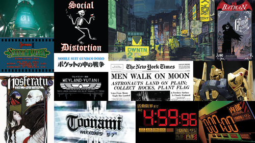 inspiration board of combinations sans serif and brush typography - Mako Reactor from FFVII Remake, Social Distortion skeleton logo, Syd Mead Bladerunner concpet art, Bathman: Gotham by Gaslight collection cover, Castlevania II: Simon's Quest NES title screen, Mobile Suite Gundam: 0800 logo, New York Times front page from the day of the first moon landing, Hyaku Shiki Gundam model with decals, Nosferatu movie poster, Weyland-Yutani logo from Alien with Japanese subscript, Toonami bumper with 2003 branding, two computer screens from Neon Genesis Evangelion 